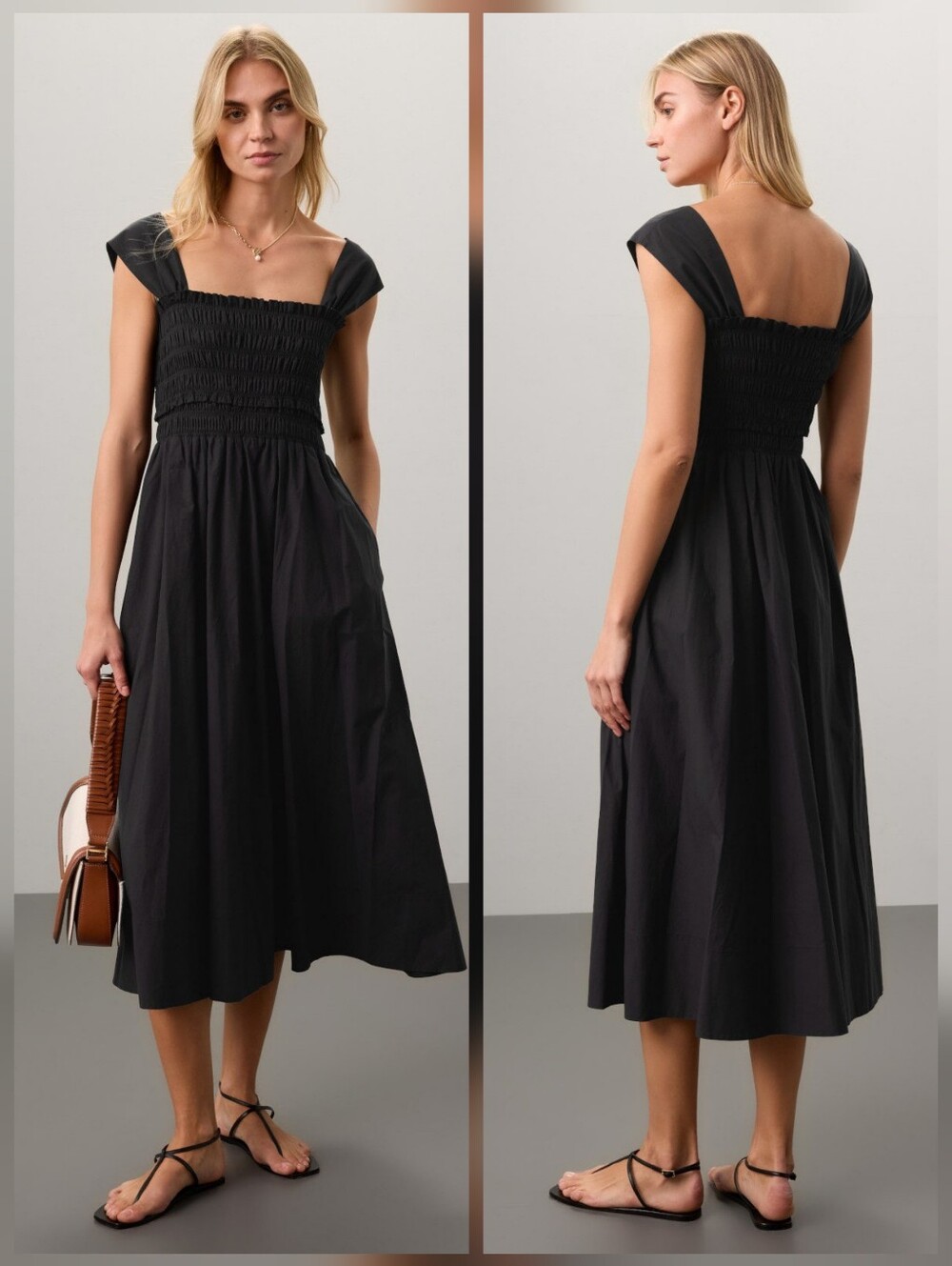 Club Monaco Cotton Smocked Midi Dress Cap Sleeves Square Neck Pull-On Size S